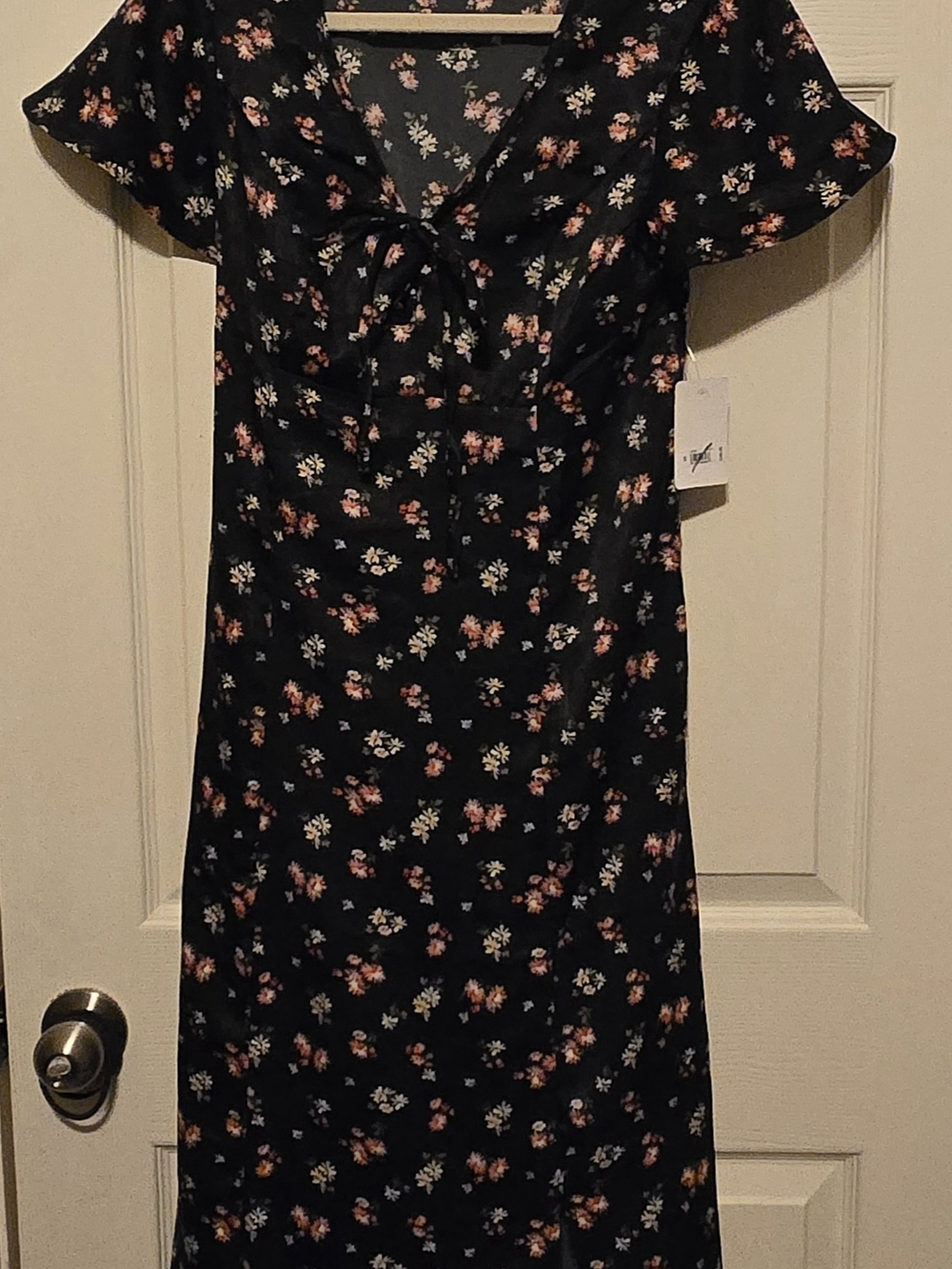Lucky Brand Black Floral Midi Dress with Pink and Cream Flowers